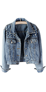 Oversized Embroidered Rivet Pearls Denim Jacket Button Down Cropped Jean Jacket Coat  