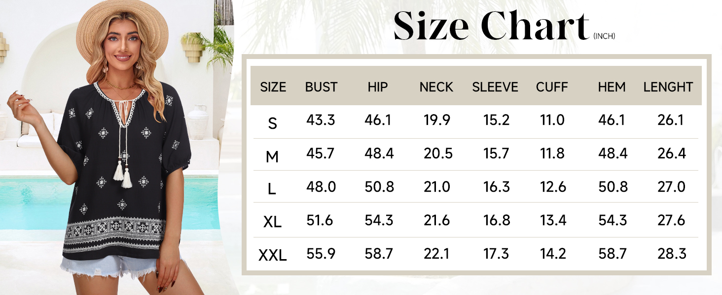 Vivilli bohemian tops for women size chart
