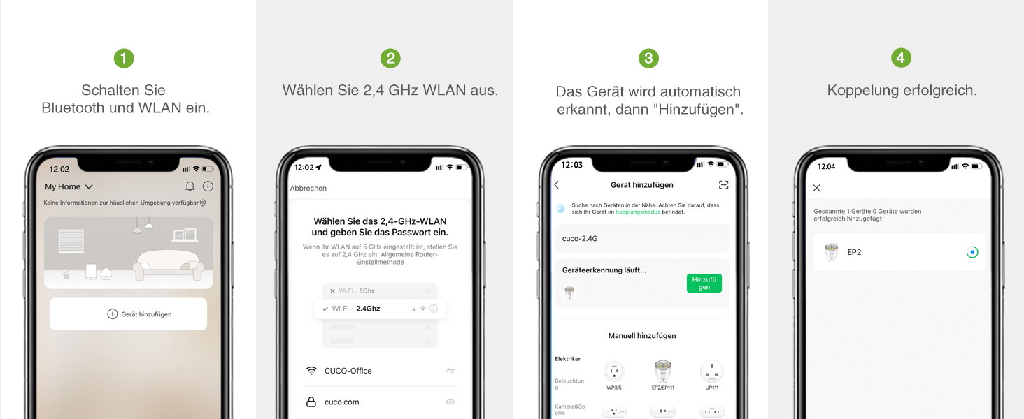 Vier Smartphone-Bildschirme mit einer Nachrichten- oder Chat-Anwendungsoberfläche mit hellem Hintergrund und Textkonversationsblasen