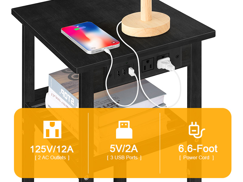 Black End Table with Charging Station, Small Nightstand Bedside Table with USB Ports and Outlets