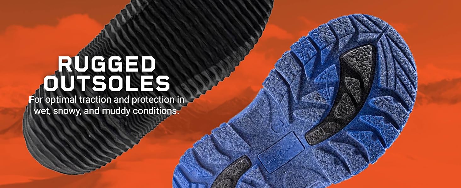 Rugged outsoles for optimal traction, protection in wet, snow, muddy conditions
