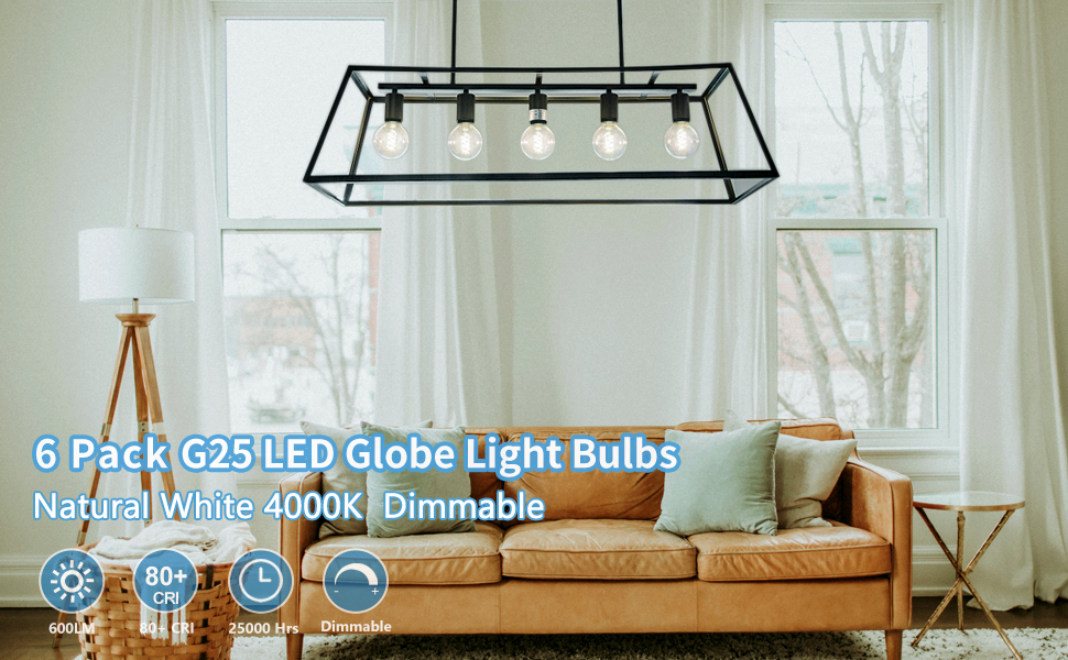 MYEMITTING 6 Pack G25/G80 Globe LED Light Bulbs, 6W Dimmable 60 Watt Equivalent LED Edison Bulbs