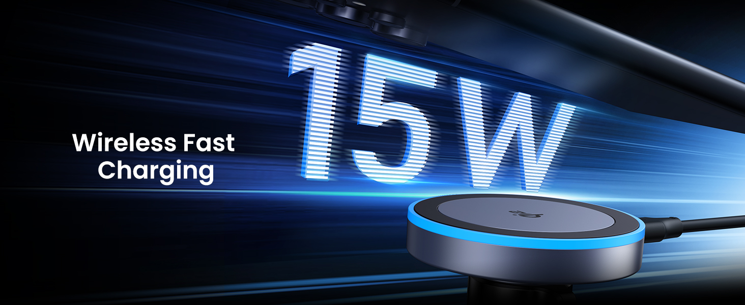 Wireless fast charging pad with glowing blue '15W' text, indicating 15-watt charging capability. Dark background with speed lines for emphasis.