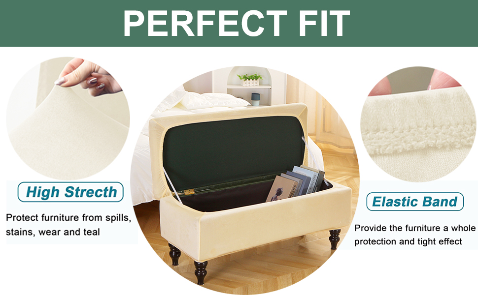 Storage Ottoman Cover,Stretch Velvet Rectangle Storage Bench Cover Knitted Jacquard