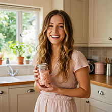 bright kitchen with happy woman holding a jar of pink salt