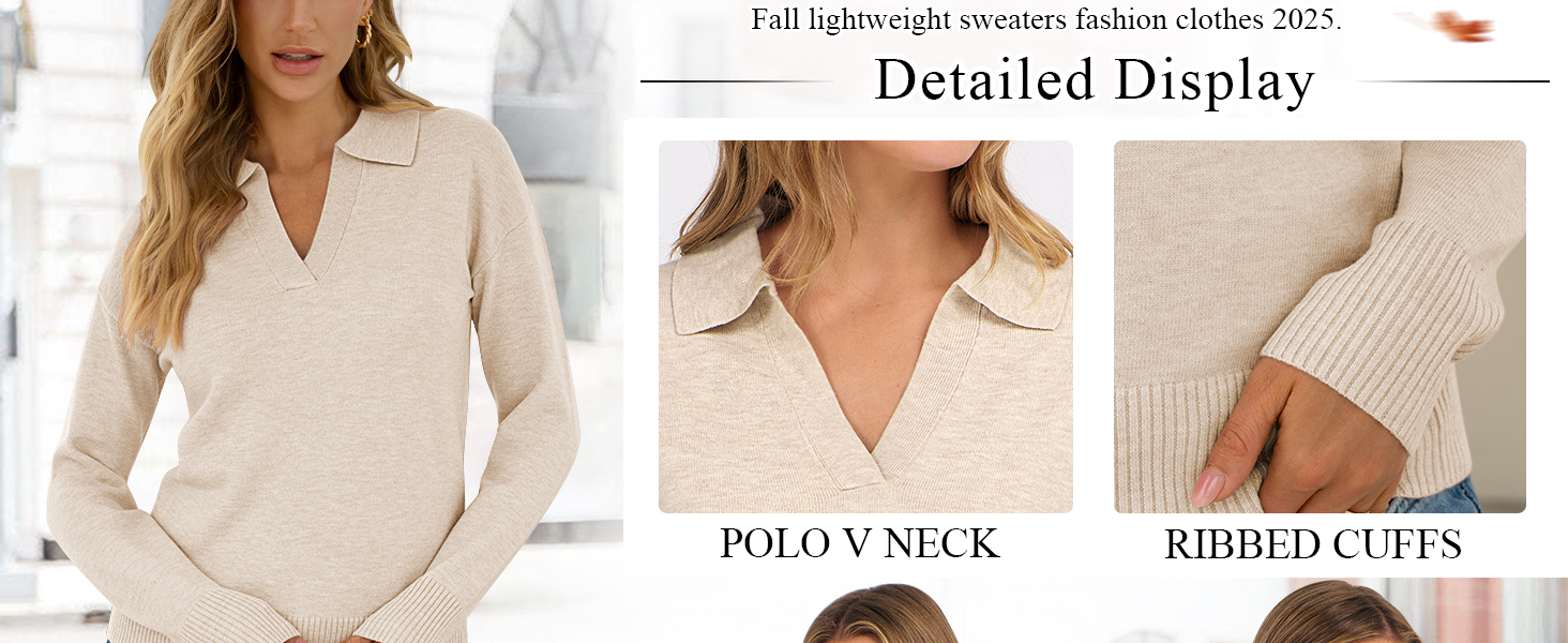 Womens Polo V Neck Long Sleeve Sweaters