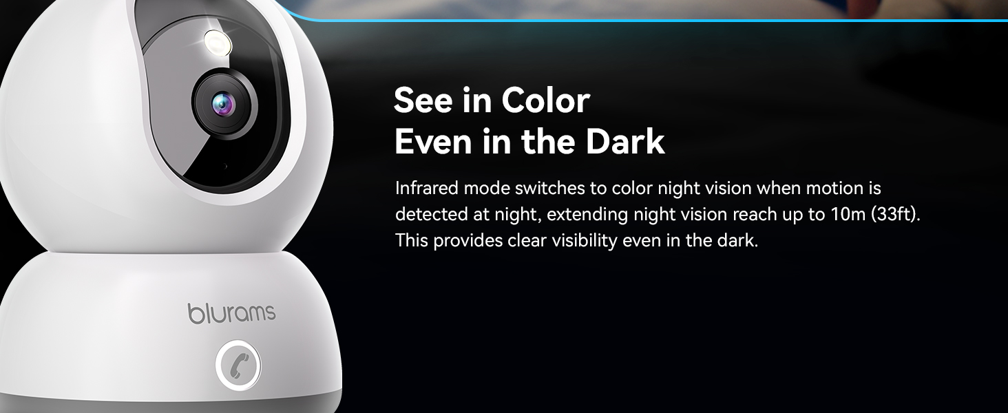 White dome-shaped security camera with night vision capability. Features infrared mode for color night vision when motion is detected, extending range up to 10m.