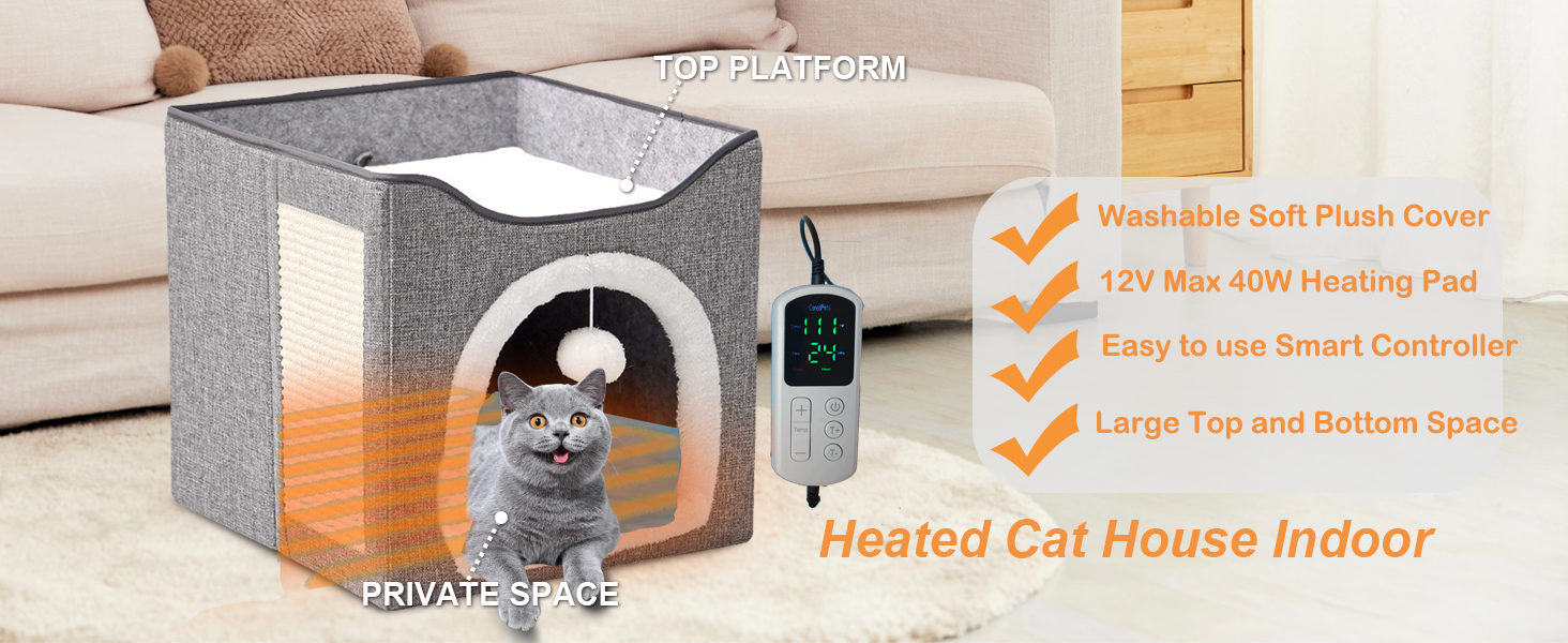 Heated Cat Bed Indoor w/ 12V Electric Heating Pad, Thermal