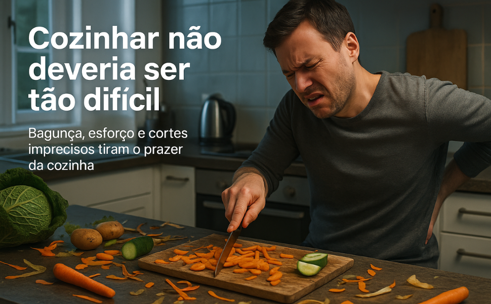 frustração na cozinha, corte difícil, bagunça com legumes, esforço manual, falta de praticidade