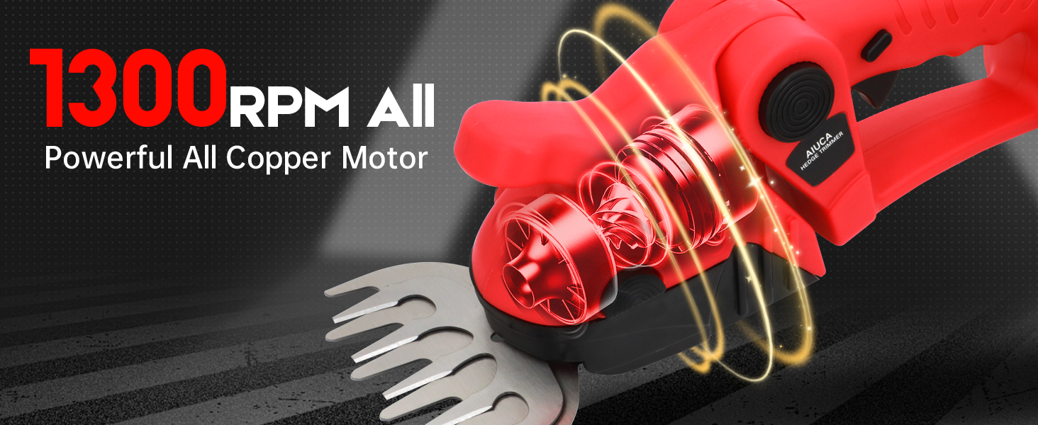 Close-up of a red electric hedge trimmer blade with visible copper motor. Text indicates 1300 RPM and 'Powerful All Copper Motor'. Blade teeth shown in foreground.