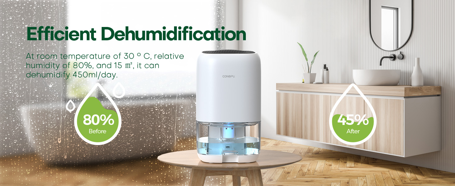 Compact white dehumidifier on wooden table. Display shows 80% and 45% efficiency levels. Text indicates 'Efficient Dehumidification'.