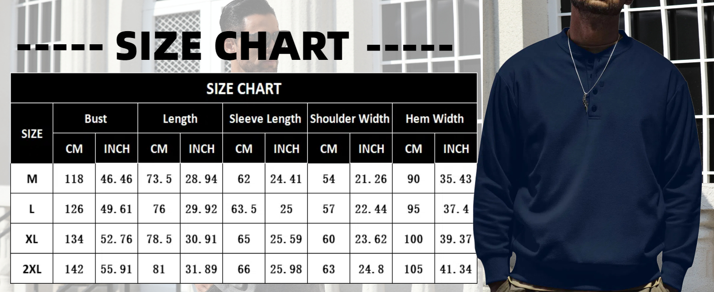 Size Chart-Mens 3 Button Collarless T Shirts Long Sleeve Henley Tees