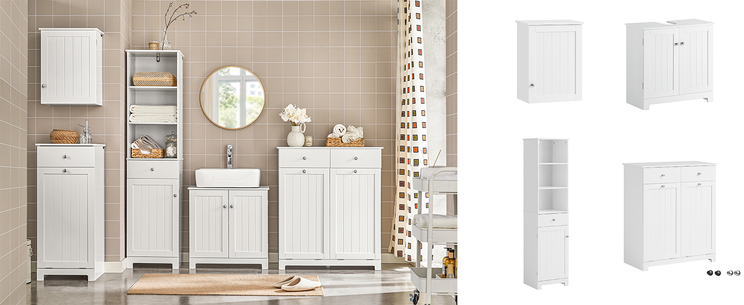 Kollektion weißer Badezimmermöbel, darunter Schränke, Waschtische und Regale, in einer neutralen