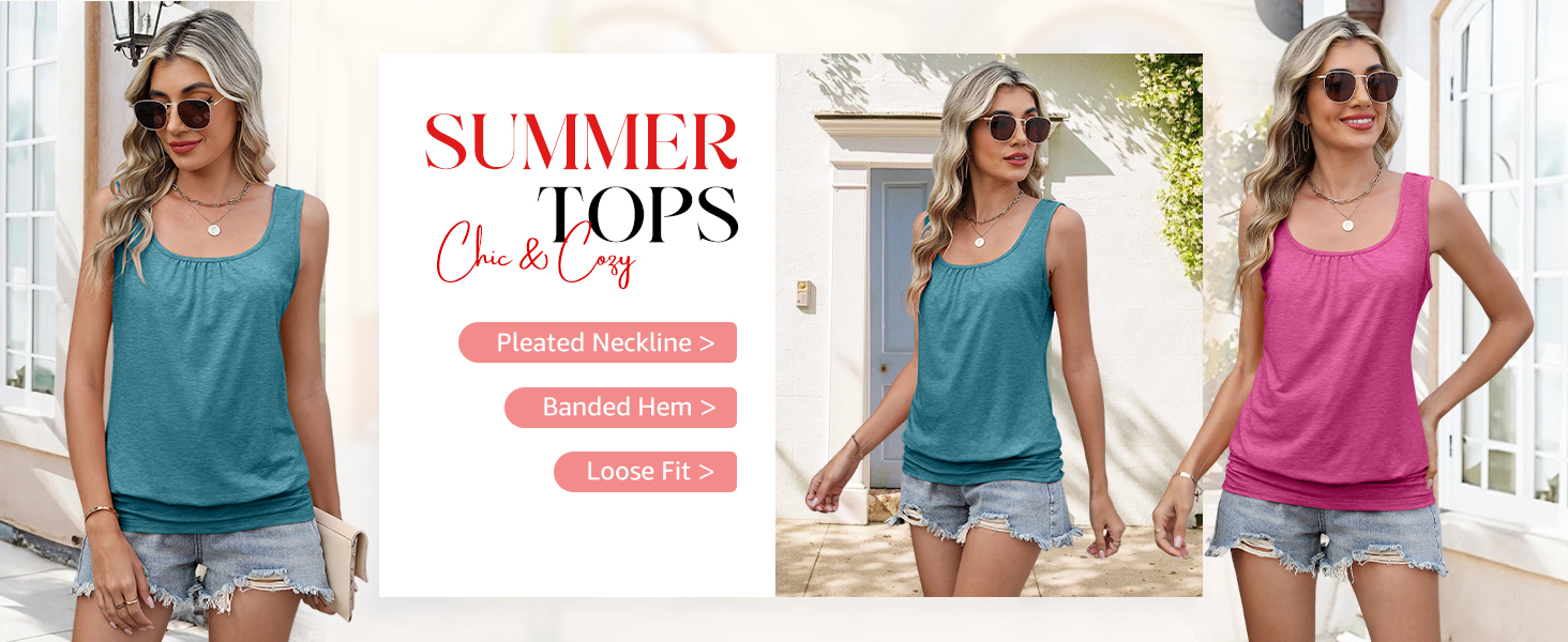 Womens Banded Bottom Scoop Neck Tank Tops Pleated Loose Fit Sleeveless Tops Summer Outfits Outfits