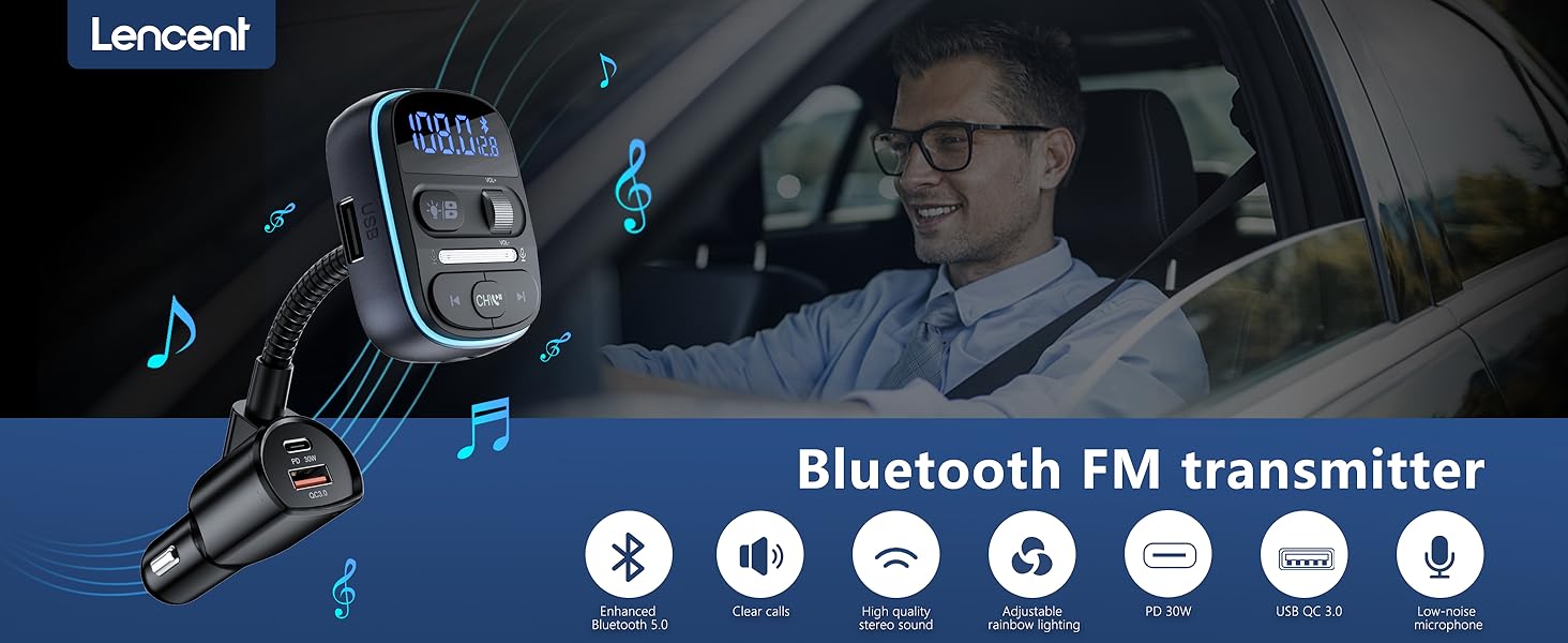 LENCENT Bluetooth FM Transmitter PD 30W, Bluetooth Car