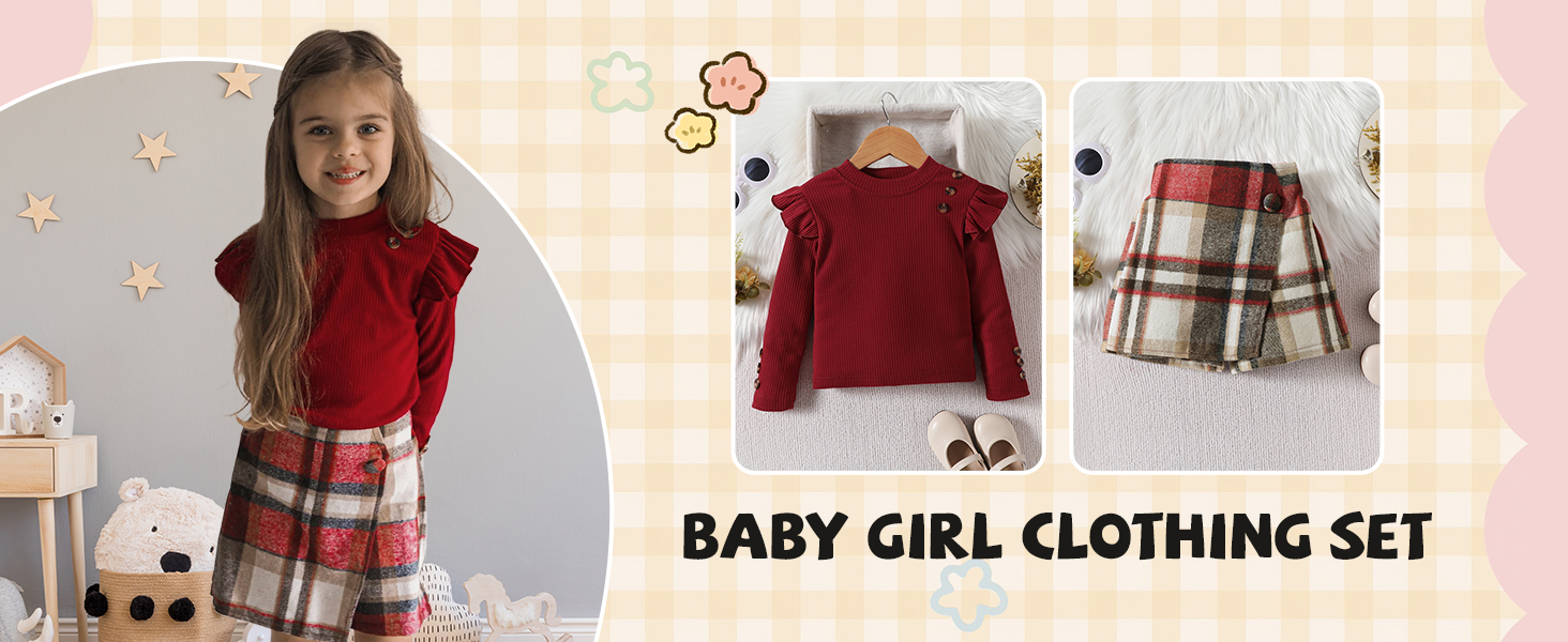 Bekleidungsset für Mädchen mit rotem Pullover und kariertem Rock. Mehrere Ansichten zeigen Outfitdetails und Styling-Optionen