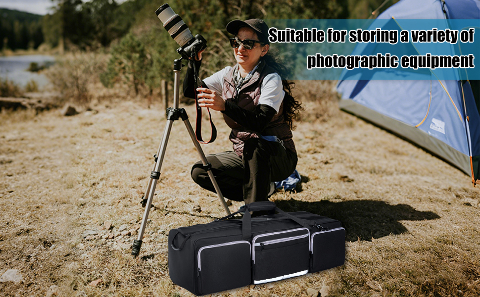 Text reads 'Suitable for storing a variety of photographic equipment'. Shows photographer with camera and tripod next to large black equipment case in outdoor setting.