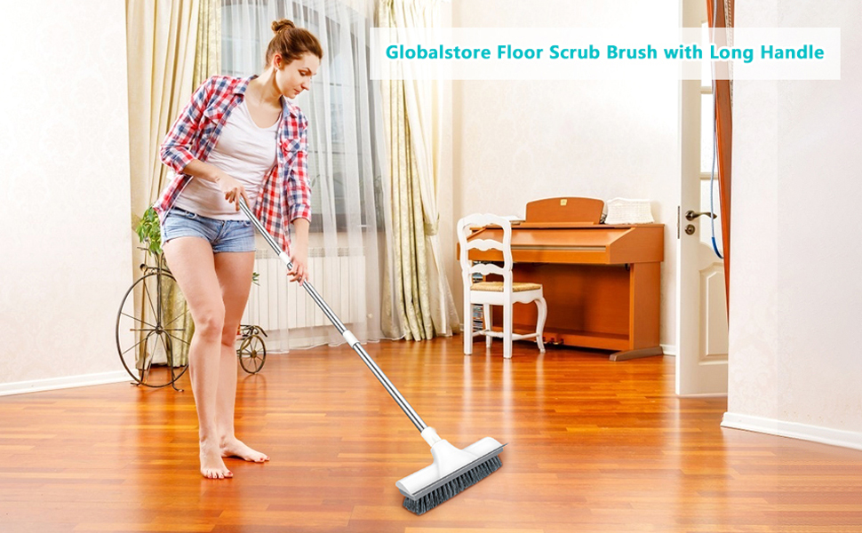 Floor Scrub Brush with Long Handle 48'', 2 in 1 Scrape and