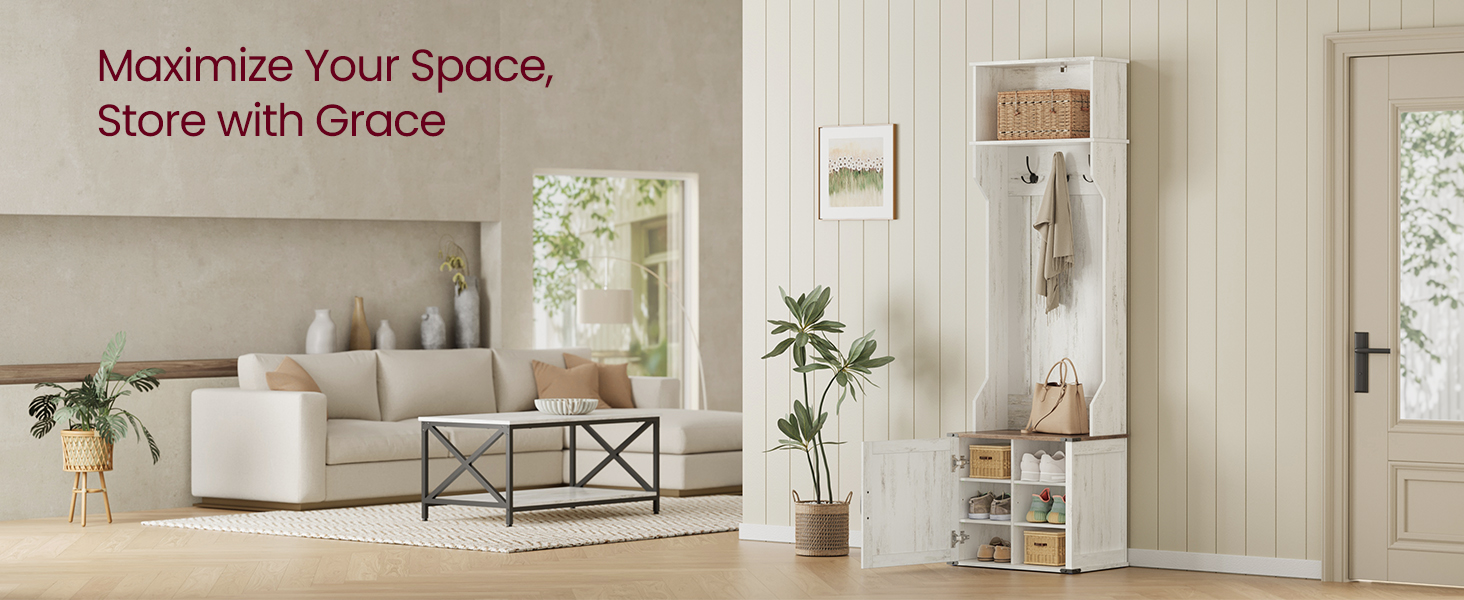 VASAGLE Hall Tree with Bench and Shoe Storage, Coat Rack