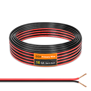 Black and red striped electrical wire or cable with visible gauge marking, shown coiled against white background.