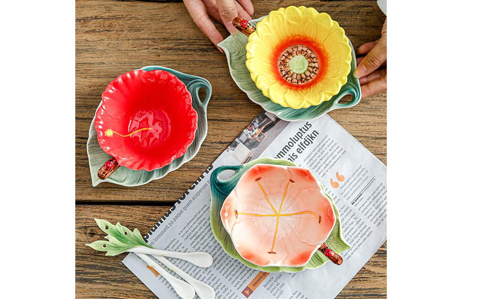 Tea Cups and Saucers (Pink 6 oz), Floral Cup and Saucer Set with Spoon, Vintage