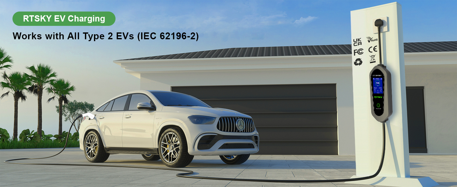 Electric vehicle charging station with white charging unit connected to a luxury SUV. Solar panels visible on garage roof. Text indicates compatibility with Type 2 EVs.