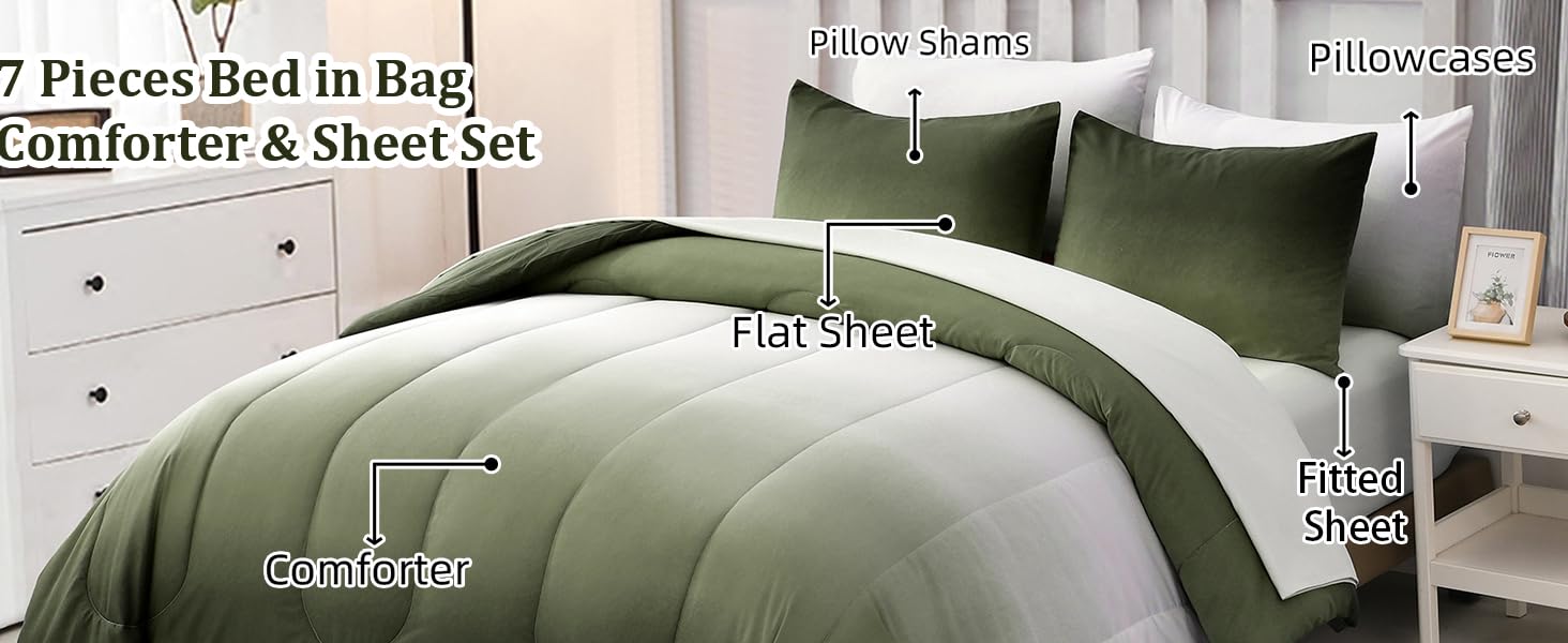 Comforter Set Queen Green 7 Pieces Gradient Olive Green