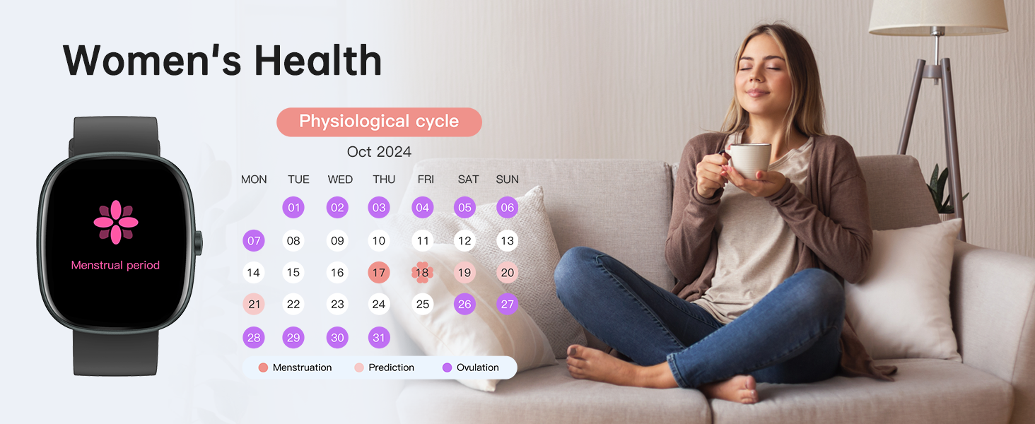 a woman sitting on a couch with a cup of tea.