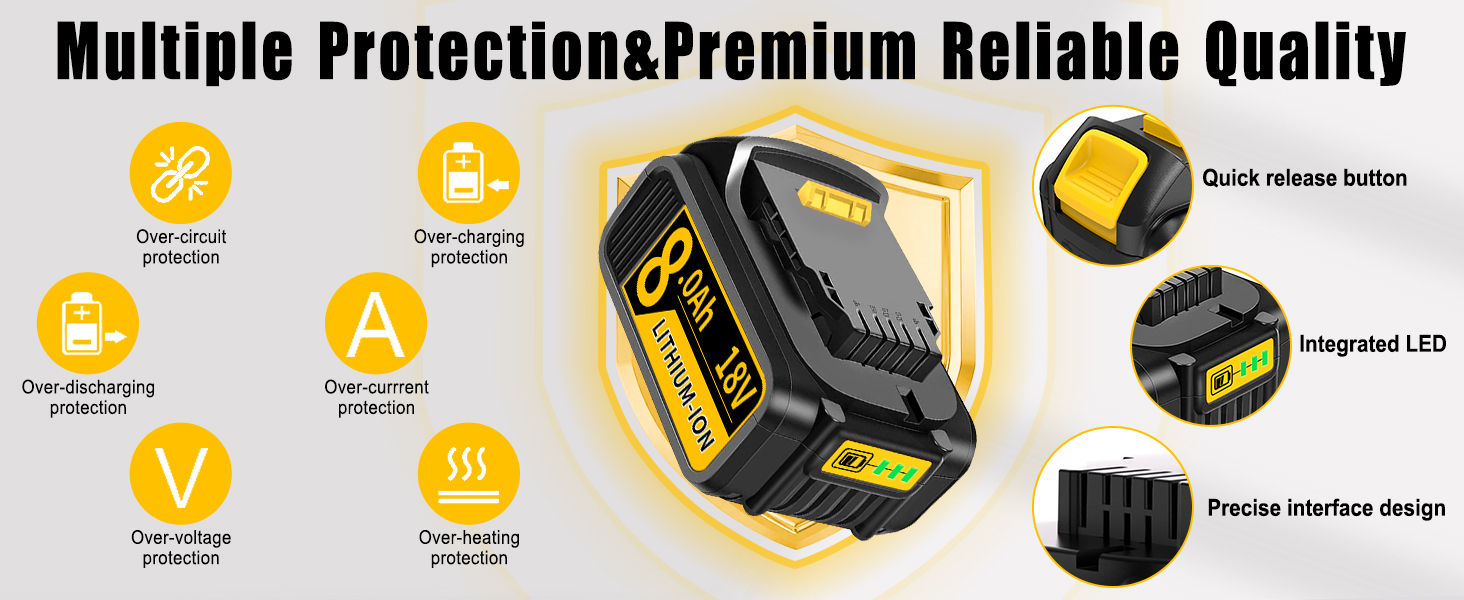 Black and yellow digital tape measure with multiple protection features. Displays icons for shock resistance, dustproof, overload protection, and heat resistance. Highlights quick release button, integrated LED, and precise interface design.