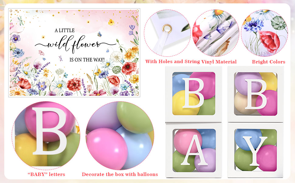 a little wildflower is on the way backdrop, baby box with letters
