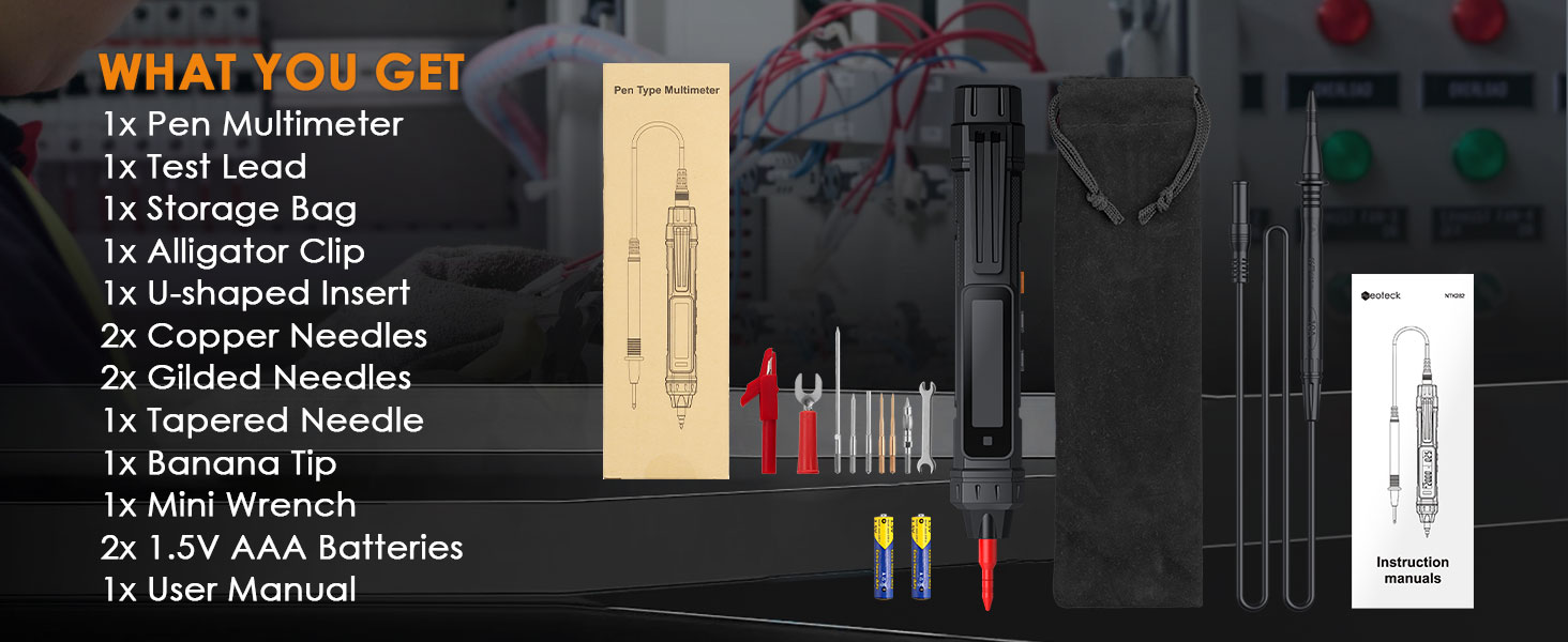 Text reads 'WHAT YOU GET: 1x Mini Screwdriver, 1x Storage Bag, 1x T10 Bit, 1x Philips Bit, 1x Extension, 2x Sided Handles, 2x Nacional Handle, 1x PCB Holder, 1x Mini File, 1x 5V AAA Batteries, 1x User Manual'