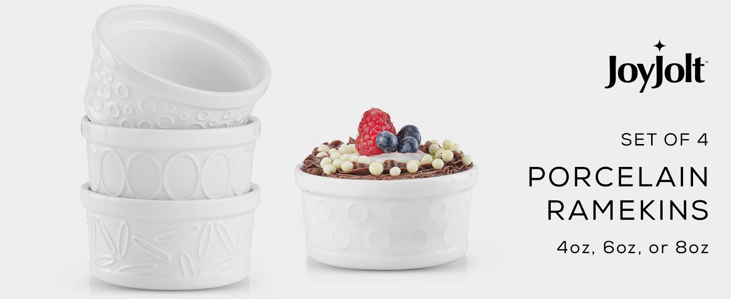 JoyJolt Small Ramekins 6 oz Oven Safe Bowls. White Embossed