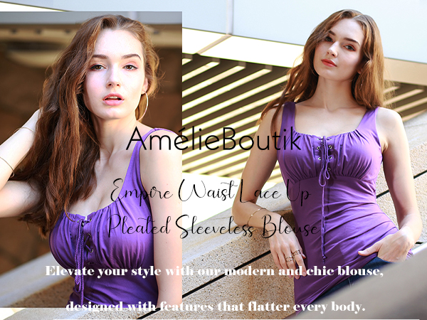 AmélieBoutik Women Empire Waist Lace Up Pleated Sleeveless