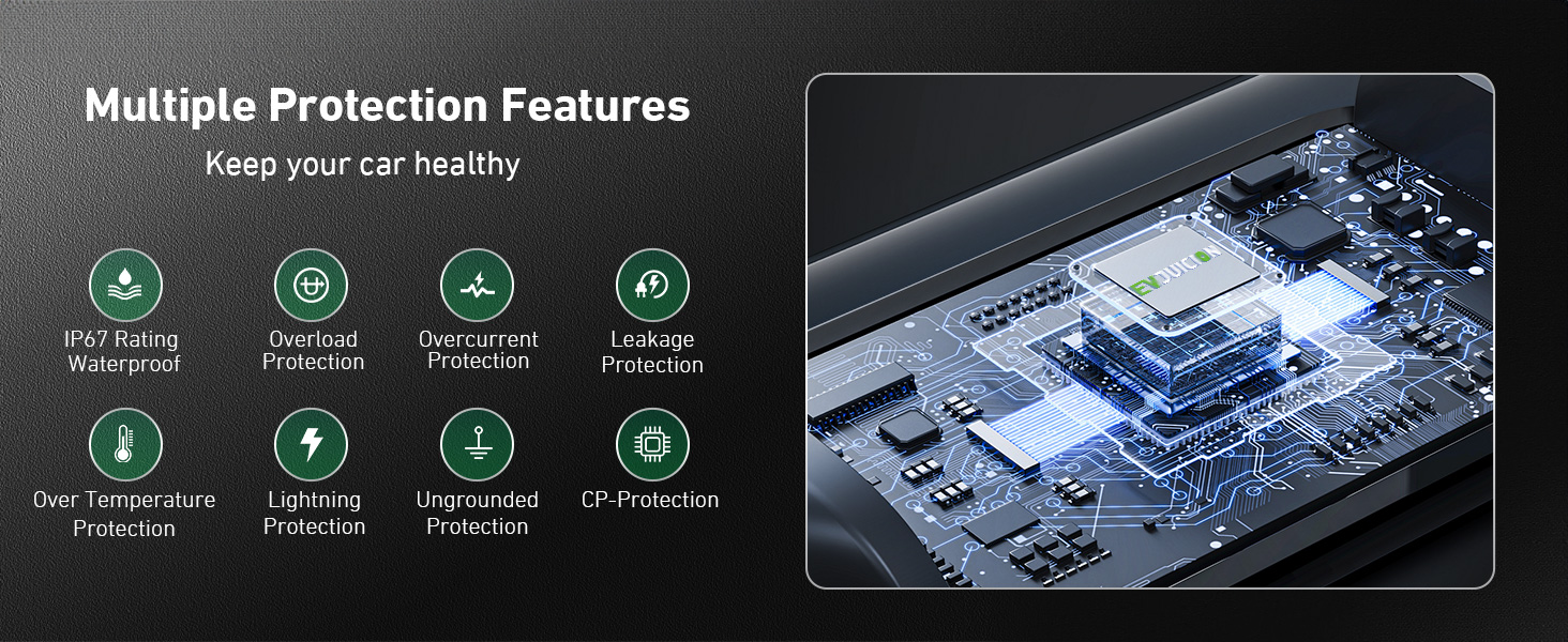 Car battery protection device with multiple features shown: overcharge, overdischarge, overcurrent, short-circuit, high/low temperature, equalization, and under-voltage protection. Circuit board illustration included.