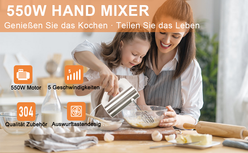 Amazon.de: Handmixer Handrührer,550W Handrührgerät Edelstahl mit 5 ...