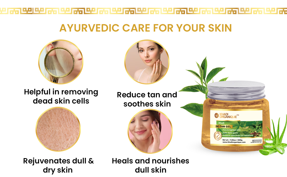 Khadi organic de-tan Aloe Vera gel with gel drugs, green tea and algae to lighten sun tan, dark spots and acne. Deep Hydrating Tan and Dulneness Removal Aloe Vera Jail | Best for all types of all types - 200 grams De tan aloe vera gel 3