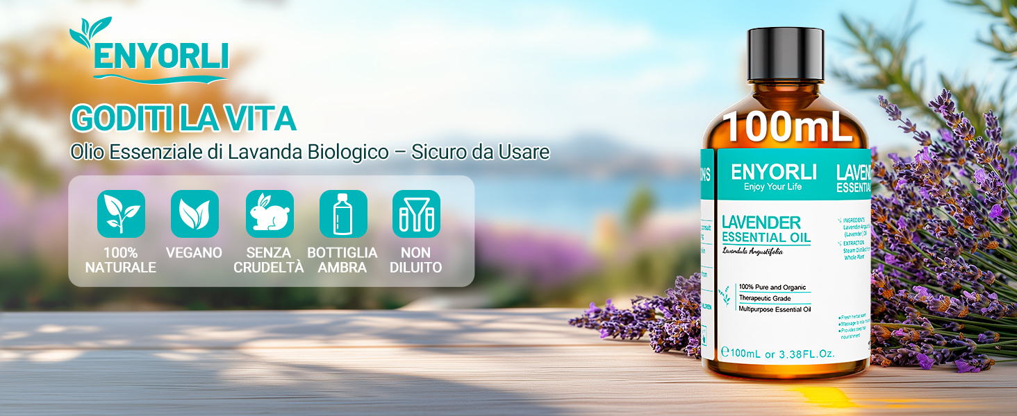 Flacone in vetro ambrato di olio essenziale di lavanda biologico Enyorli Goditlavita, formato da 100 ml. Prodotto mostrato con rametti di lavanda e icone che indicano proprietà naturali, vegane e cruelty-free