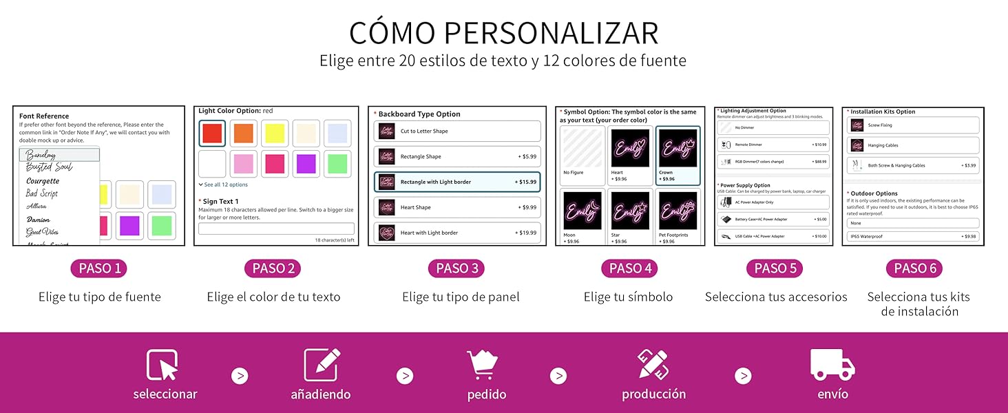 El texto dice «CÓMO PERSONALIZAR». Maquetas de interfaz que muestran los pasos de personalización con múltiples pantallas e íconos, con una barra de navegación inferior morada con varios iconos de funciones.