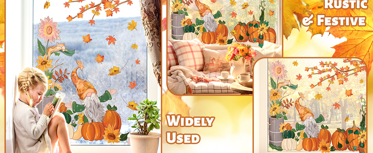 JarThenaAMCS Fall Gnome Window Clings Colorful Maple Leaves