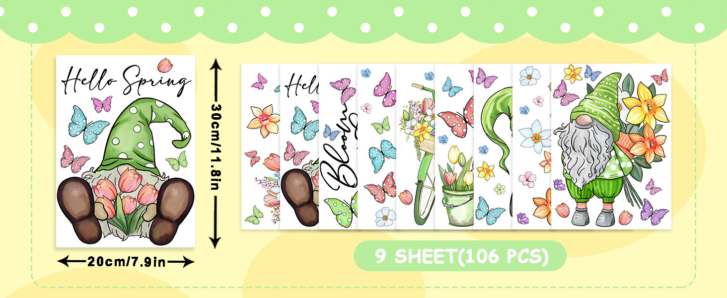 Whaline 106Pcs Spring Window Clings Watercolor Spring Gnome ... 5 WH7171 Spring Window Clings Watercolor