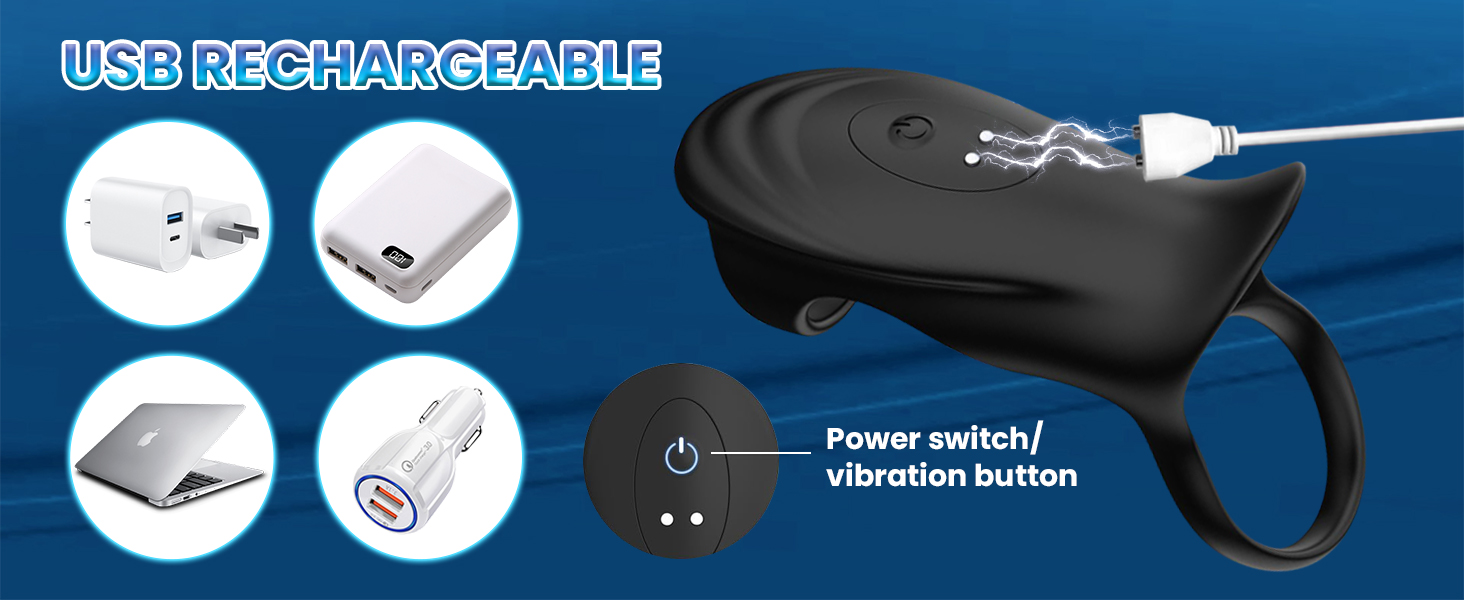 Wiederaufladbares USB-Gerät mit Netzschalter und Vibrationstaste, das mehrere Ladepositionen und Verbindungsoptionen in schwarzer Farbe anzeigt.
