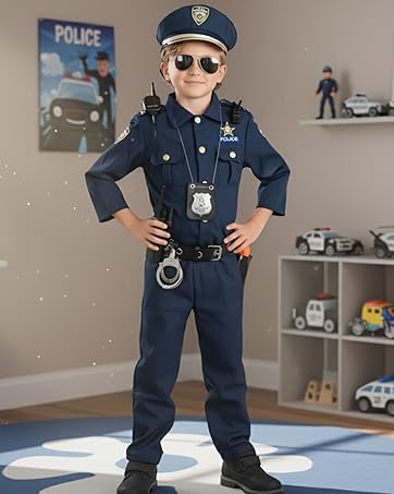 Child-sized police officer costume shown being worn. Navy blue uniform with accessories displayed in playroom setting.