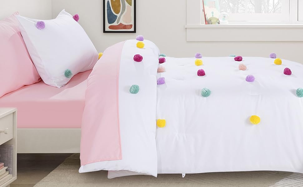 HOMBYS Pom Poms Bedding Comforter Set for Girls, 5 Piece White Pink Boho Kids