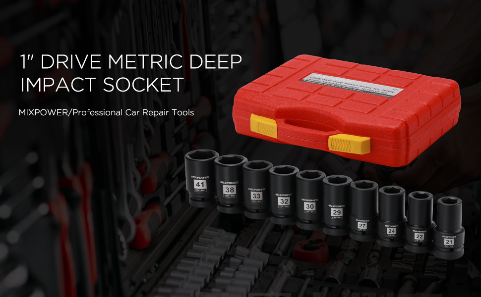 MIXPOWER 10PCS 1"Drive Impact Deep Socket Set, 6 Point, 2141mm, CRMO, Metric, Deep