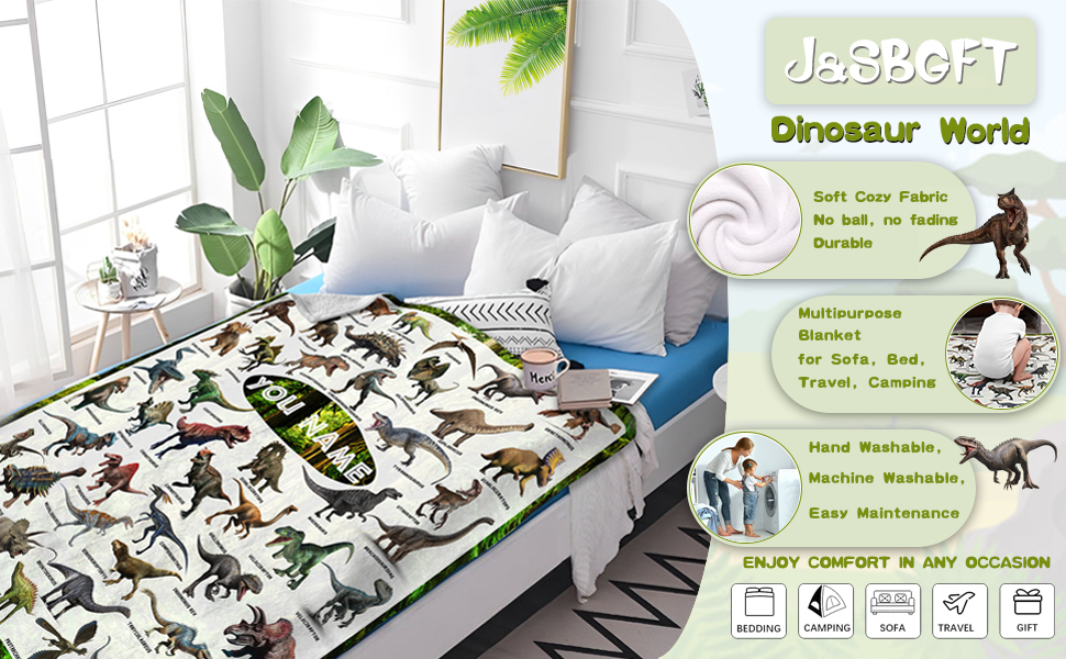 Personalized Dinosaur Blanket for Boys, Jurassic Dinosaurs