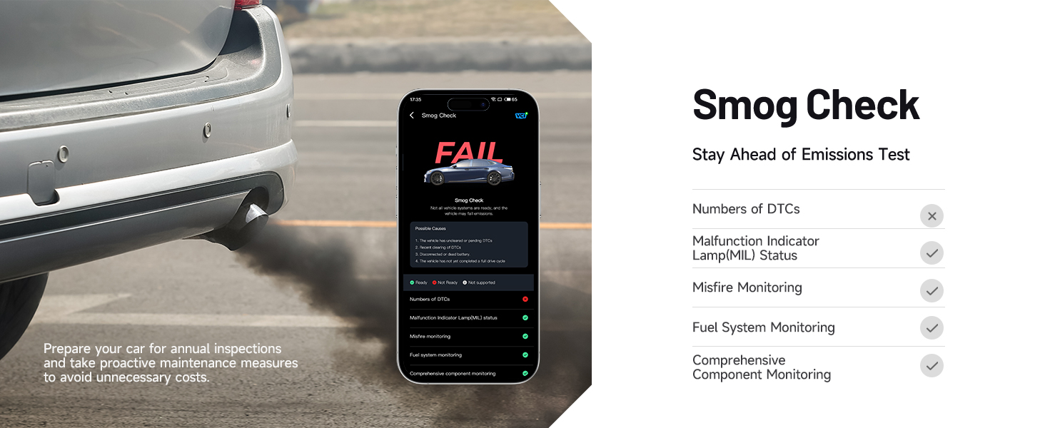 Mobile phone displaying a vehicle smog check application interface with a car's rear bumper visible in the background.