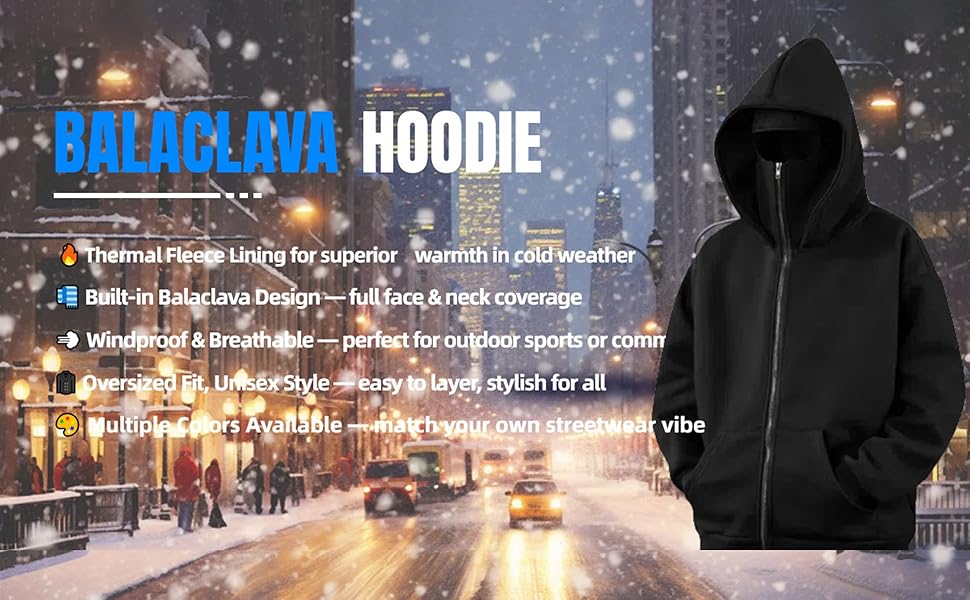 Balaclava Hoodie with Built In Balaclava, Double Hooded Zip