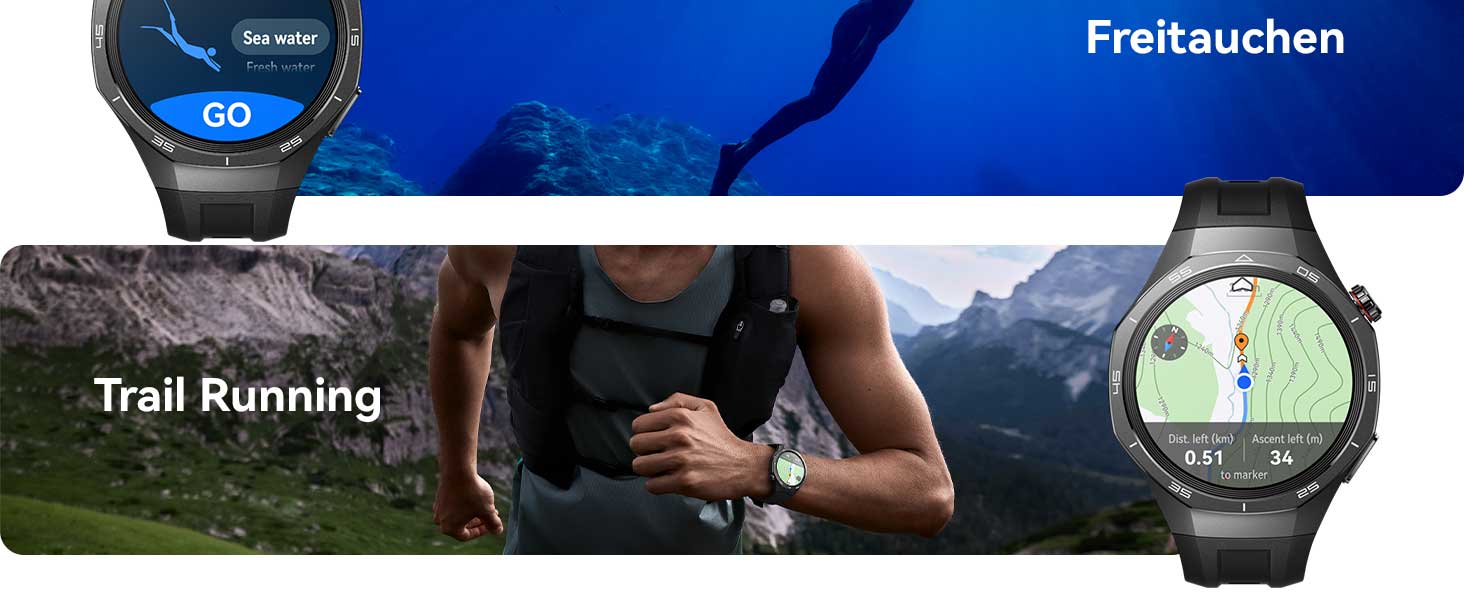 Der Text lautet „Freitauchen“ und „Trail Running“. Digitale Bildschirme mit Elementen der Navigationsoberfläche, auf denen Sportaktivitäten im Freien angezeigt werden.