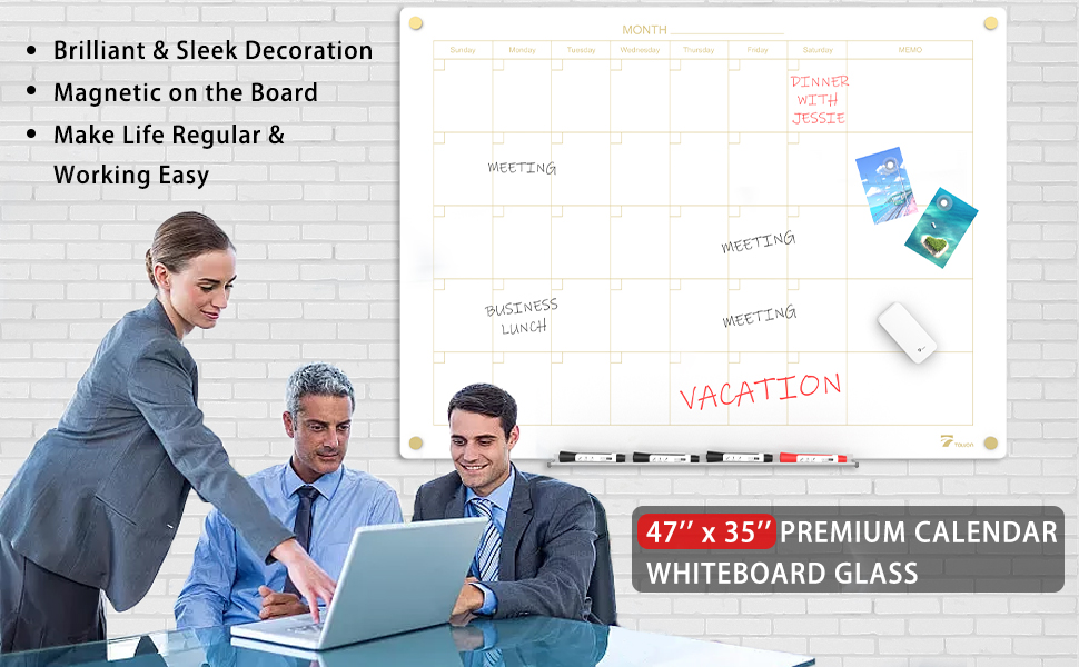 TOWON 47 x 35 Inch Glass Calendar Dry Erase Board for Wall