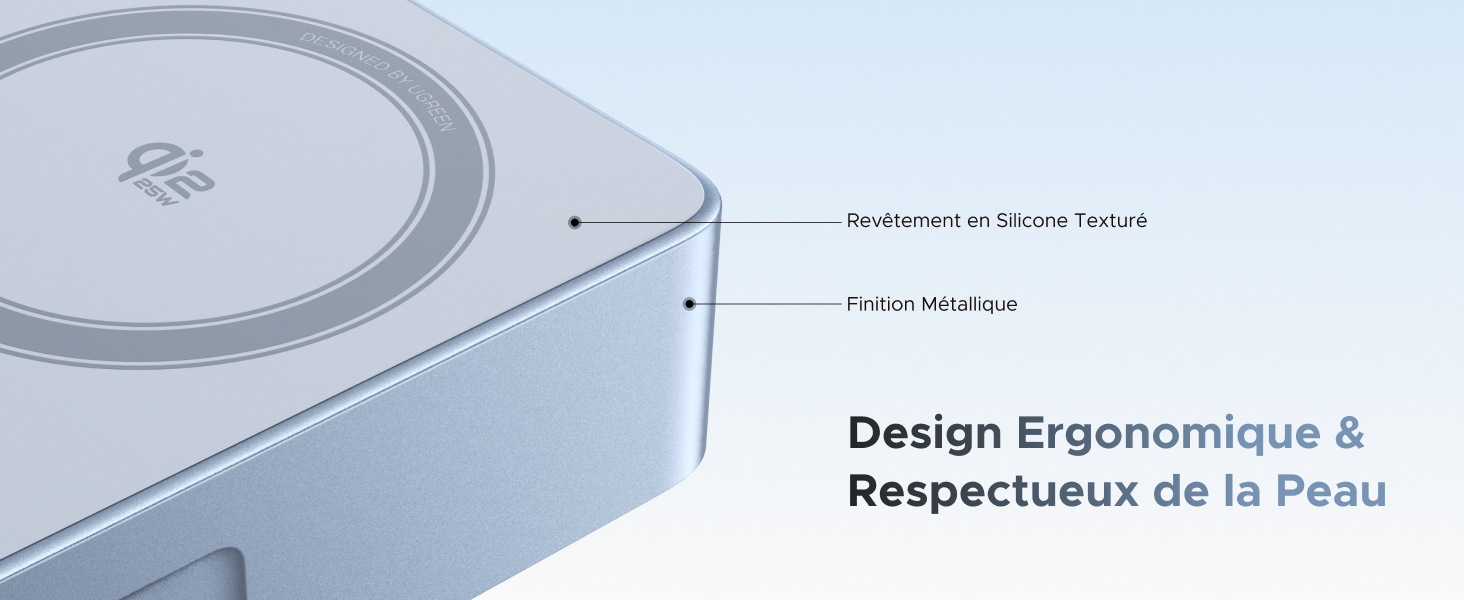 Le texte indique « Design Ergonomique & Respectueux de la Peau » sur fond clair avec des éléments de design circulaires.